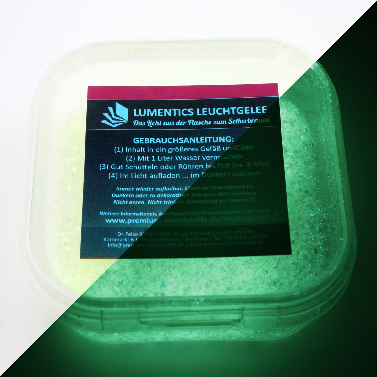 Glow Jelly Yellow/Yellow-Green 45 g: tub with instructions, split diagonally: in light and glowing green in the dark