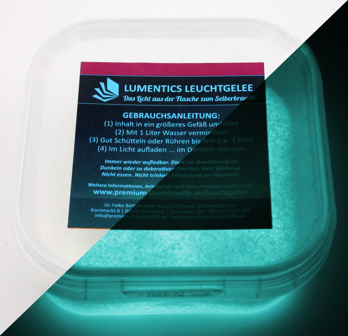 Glow Jelly Natural/Blue-Green 40 g: tub with label, right half glowing blue-green in the dark