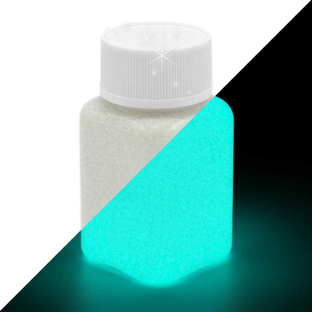 Glitter Glow Paint Blue-Green 100 g: bottle with glitter, whitish in light on the left, glowing blue-green in the dark on the right