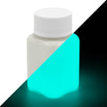 Glow in the dark paint blue-green 100 g: pot in daylight, split diagonally with blue-green glow in the dark