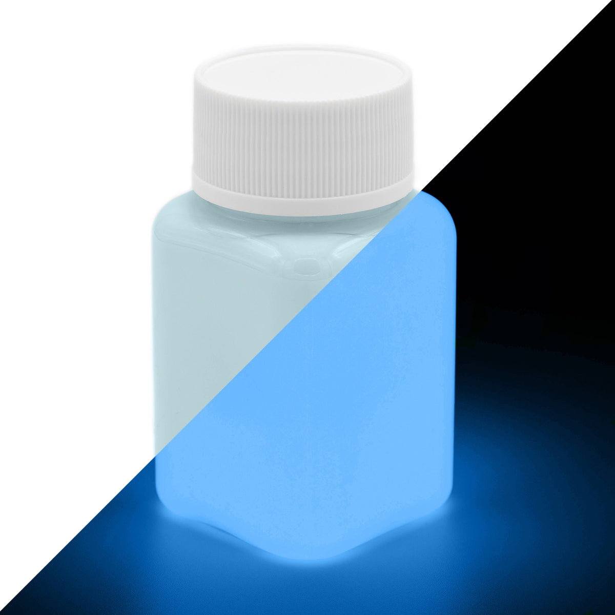 Glow in the Dark Paint Blue 100 g: bottle, light blue in light on the left, glowing blue in the dark on the right