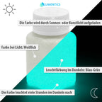 Glitter Glow Paint Blue-Green 100 g: graphic with bottle in light (whitish) and in the dark (blue-green)