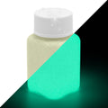 Glitter Glow Paint Yellow-Green 100 g: bottle, cream in daylight on the left, green glow in the dark on the right