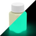 Glow in the dark paint yellow-green 100 g: pot in daylight, split diagonally with green glow in the dark
