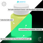Glow in the Dark Paint Yellow 100 g, labelled graphic: yellow in daylight, yellow-green glow in the dark, charged by light