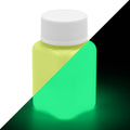 Glow in the Dark Paint Yellow 100 g bottle, split diagonally: yellow in daylight, glowing green in the dark