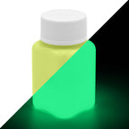 Glow in the Dark Paint Yellow 100 g bottle, split diagonally: yellow in daylight, glowing green in the dark