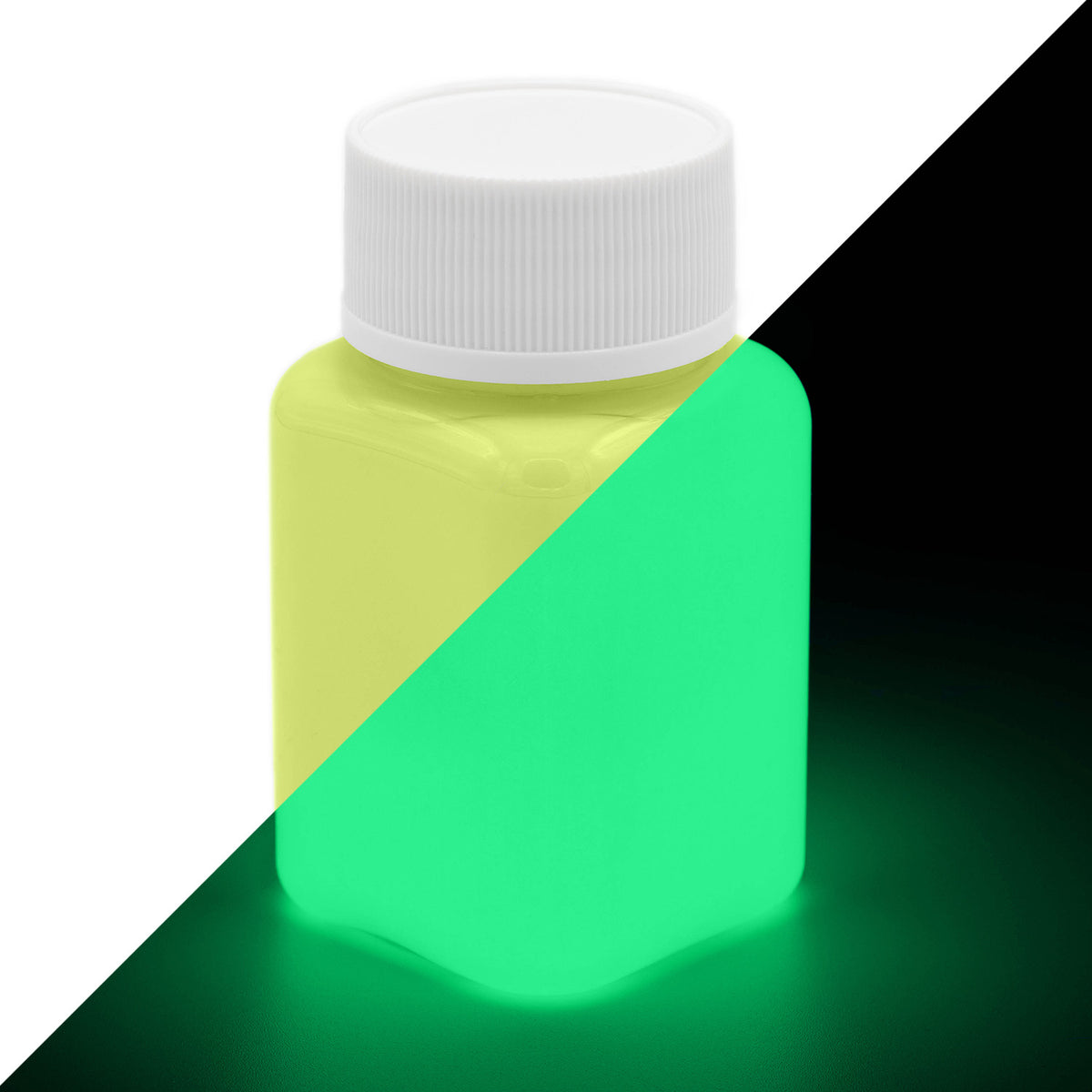 Glow in the Dark Paint Yellow 100 g bottle, split diagonally: yellow in daylight, glowing green in the dark