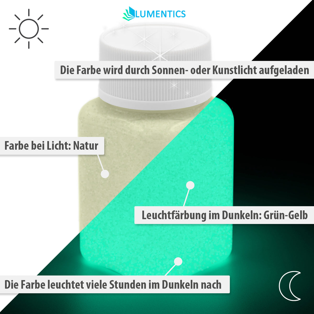 Glitter Glow Paint Yellow-Green 100 g, graphic: day view natural, night view green-yellow, with callouts