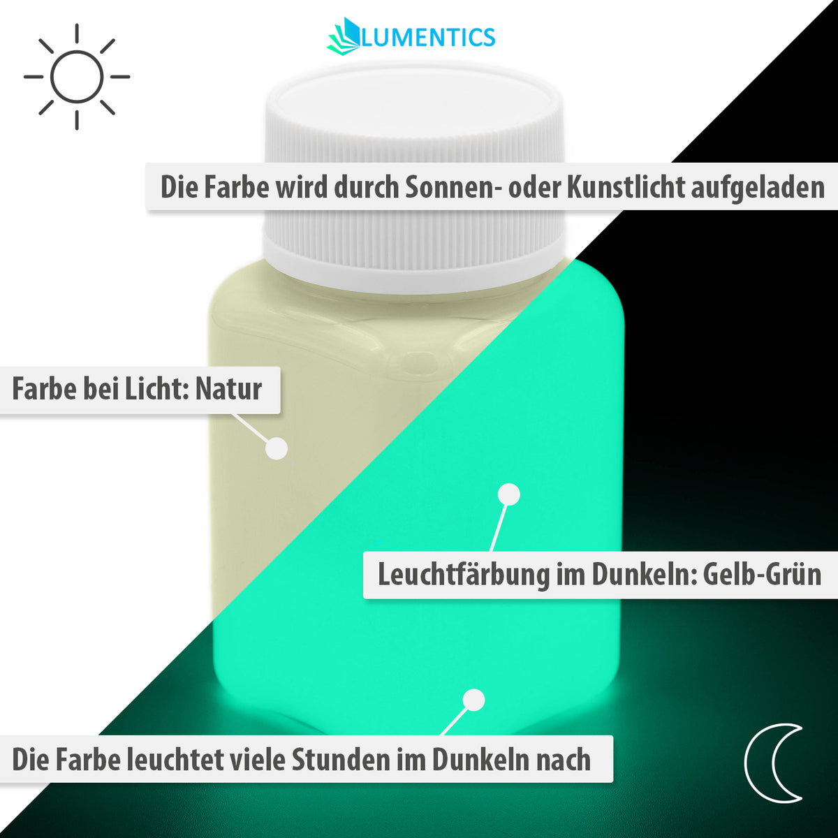 Glow in the dark paint yellow-green 100 g, graphic: natural colour in light, yellow-green in the dark, charged by light