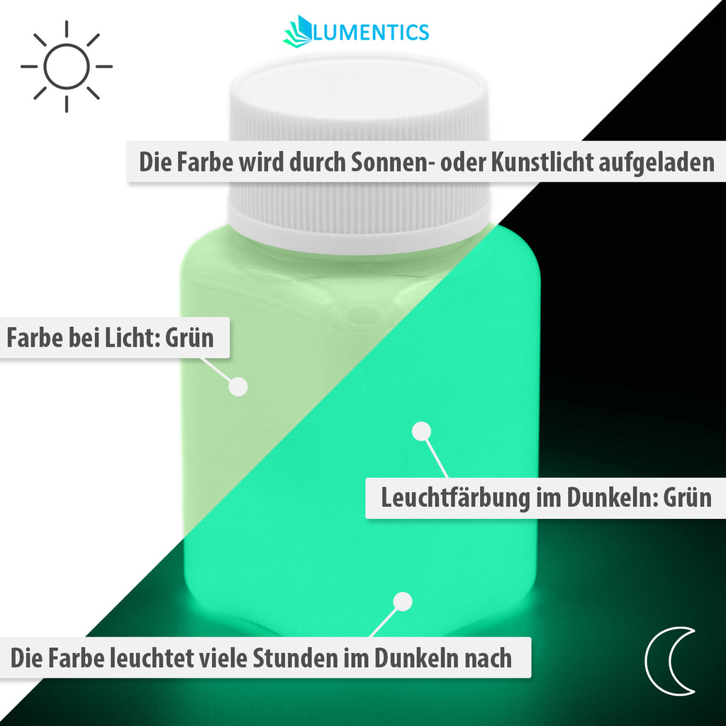 Glow in the Dark Paint Green 100 g, labelled graphic: green in daylight, green glow in the dark, charged by light