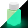 Glow in the Dark Paint Green 100 g bottle, split diagonally: daylight at the top left, glowing green in the dark at the bottom right