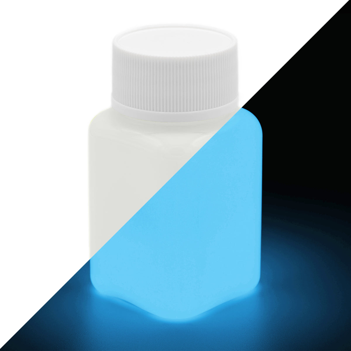 Glow in the Dark Paint Natural Blue 100 g: bottle, whitish in light on the left, glowing blue in the dark on the right