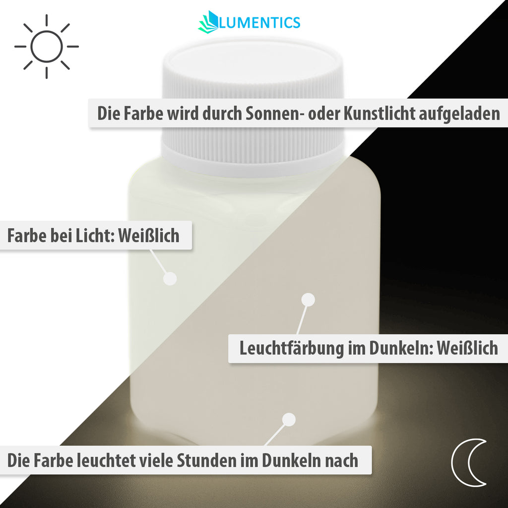 Glow in the Dark Paint Natural White 100 g, labelled graphic: whitish in daylight, whitish glow in the dark, charged by light