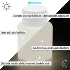 Glow in the Dark Paint Natural White 100 g, labelled graphic: whitish in daylight, whitish glow in the dark, charged by light
