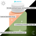 Glow in the Dark Paint Orange 100 g, graphic: day view light orange, night view orange-green, with callouts