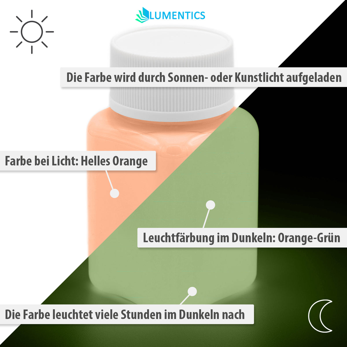 Glow in the Dark Paint Orange 100 g, graphic: day view light orange, night view orange-green, with callouts