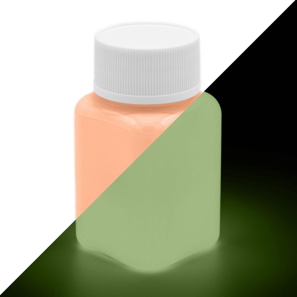 Glow in the Dark Paint Orange 100 g: bottle, light orange in daylight on the left, greenish afterglow in the dark on the right