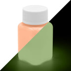 Glow in the Dark Paint Orange 100 g: bottle, light orange in daylight on the left, greenish afterglow in the dark on the right