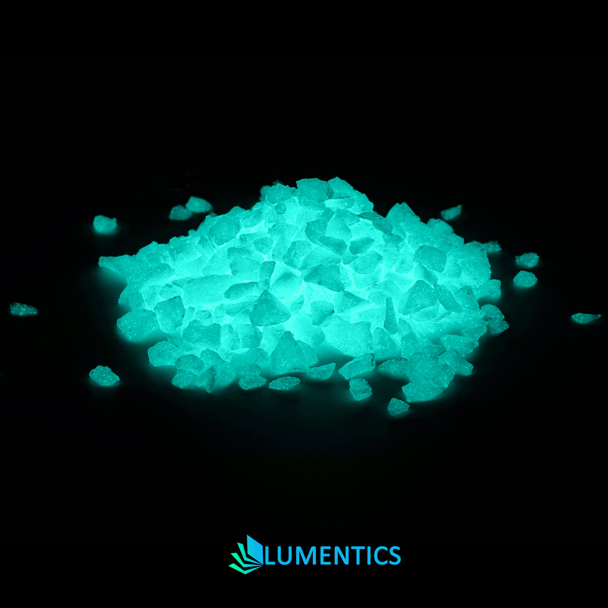 Pile of Glow Granules Blue-Green 4 mm in the dark, glowing blue-green