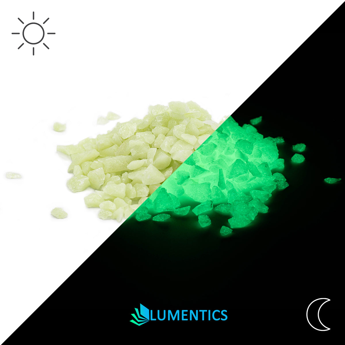 Glow Granules Green 4 mm compared in daylight and in the dark, with sun and moon symbols