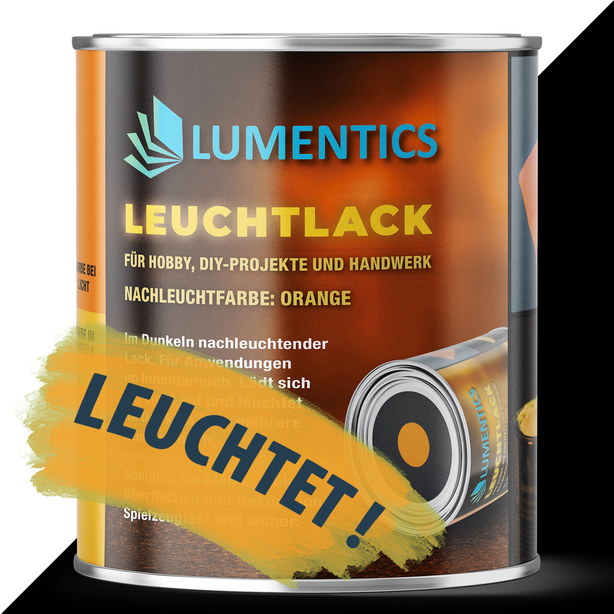 Glow in the dark varnish Orange 250 ml, tin against a split light and black background, with a yellow brush-stroke banner
