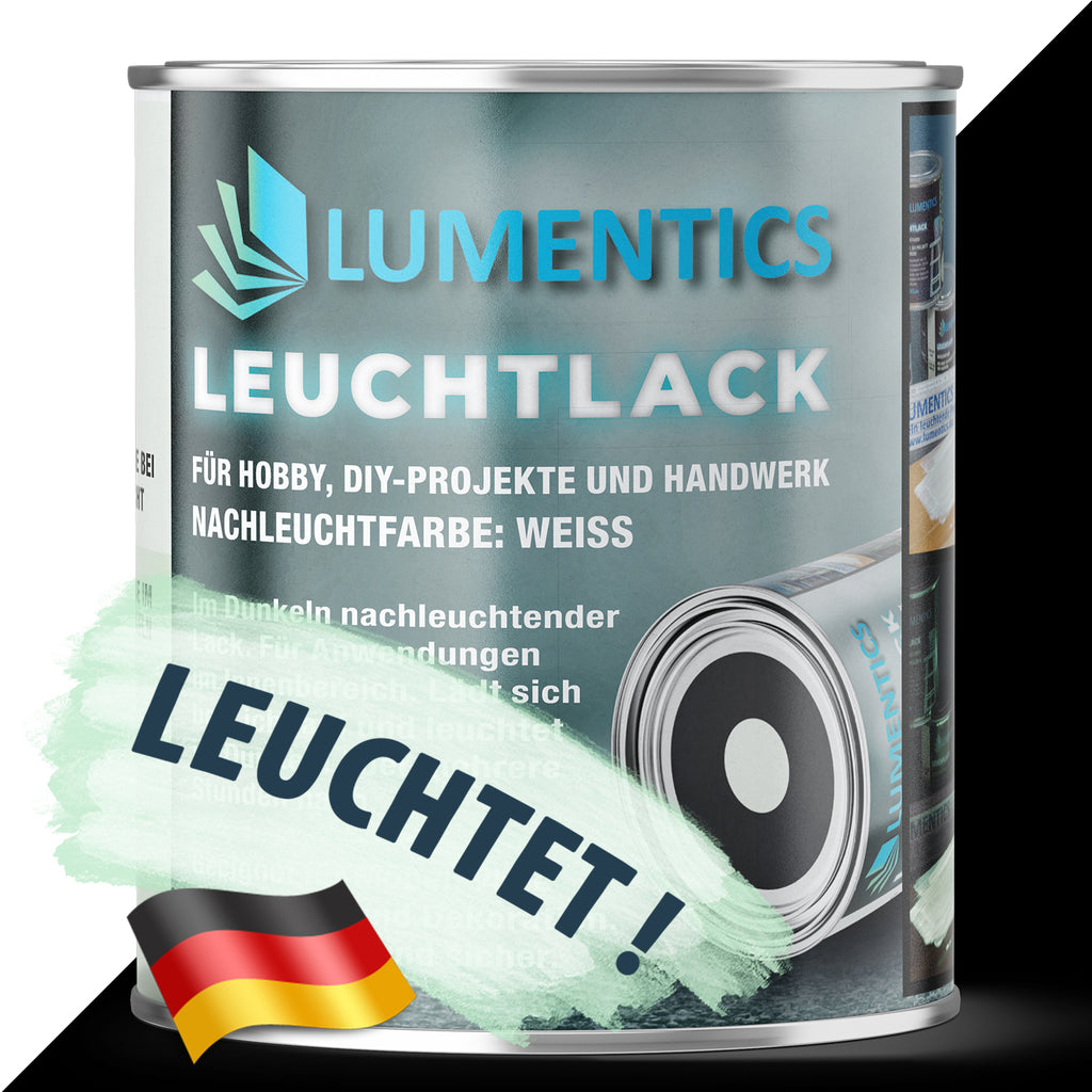 Glow in the Dark Varnish White 250 ml: tin labelled Leuchtlack with a German flag, dark background on the right
