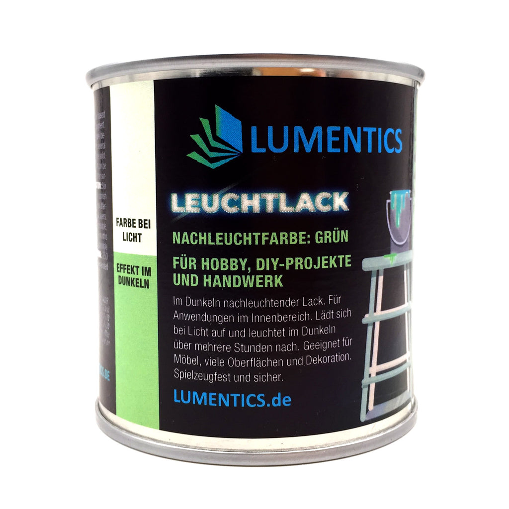 Glow in the Dark Varnish Green 250 ml: tin front with its German front label, in daylight