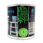 Glow in the Dark Varnish Green 250 ml: tin from the side with tree and clock motifs and contact details