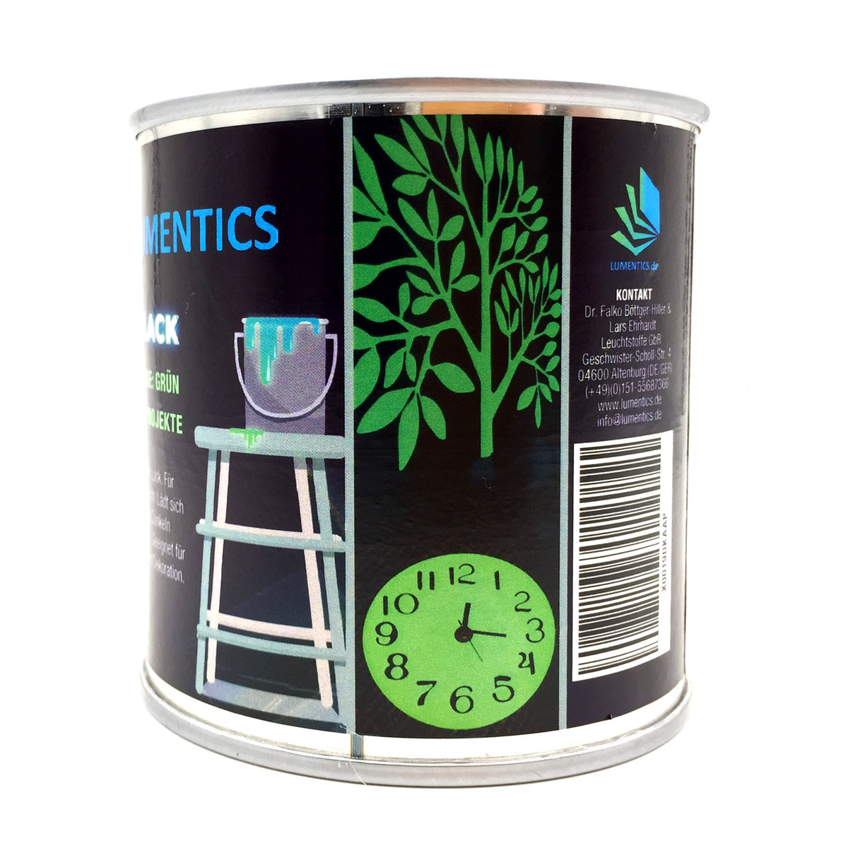 Glow in the Dark Varnish Green 250 ml: tin from the side with tree and clock motifs and contact details