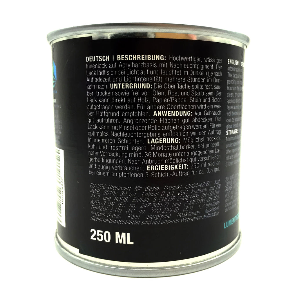 Glow in the Dark Varnish Green 250 ml: tin from the back, label with description and volume 250 ml