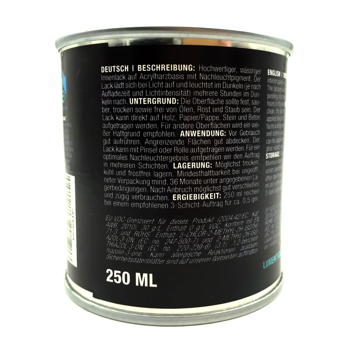 Glow in the Dark Varnish Green 250 ml: tin from the back, label with description and volume 250 ml