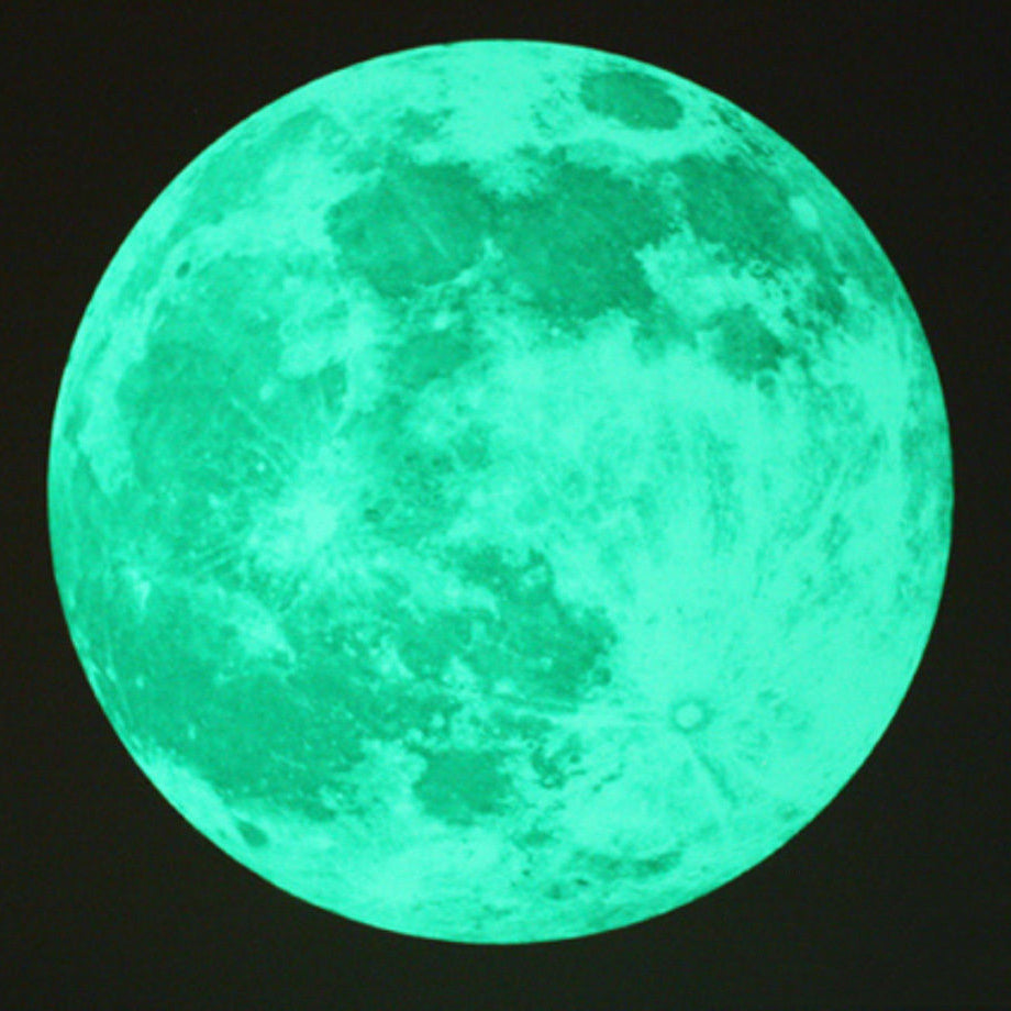 Moon sticker: full moon glowing blue-green in the dark on a dark background