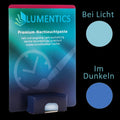Luminous Paint for Watch Hands Blue-Blue 2 g: card with glow paste, beside colour circles light blue in light and blue in the dark