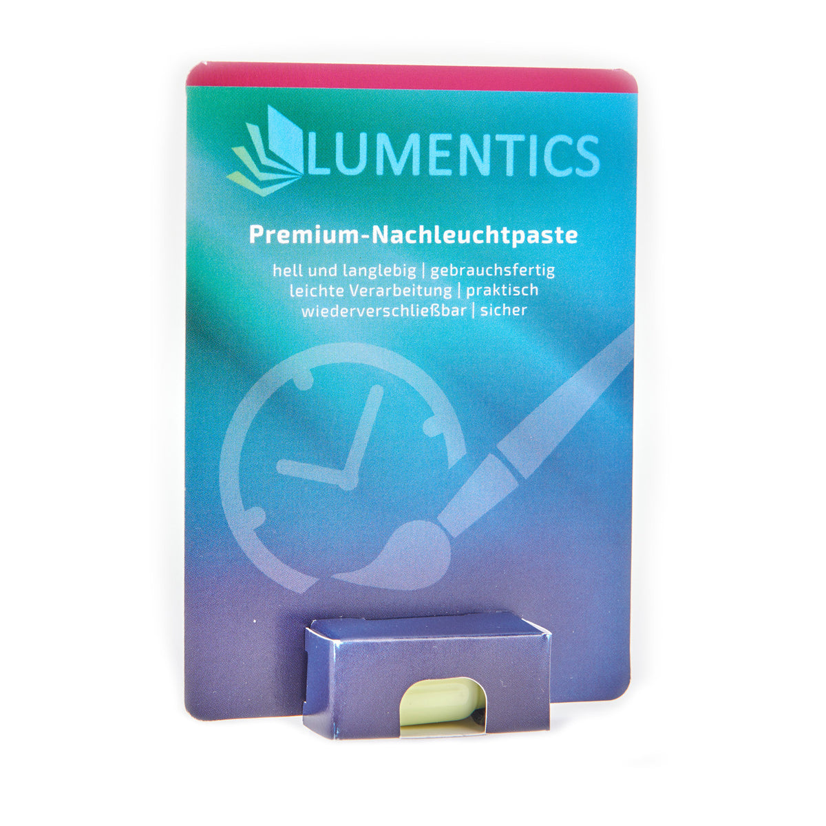 Luminous Paint for Watch Hands Yellow-Green 2 g: display card with small tub in daylight on white