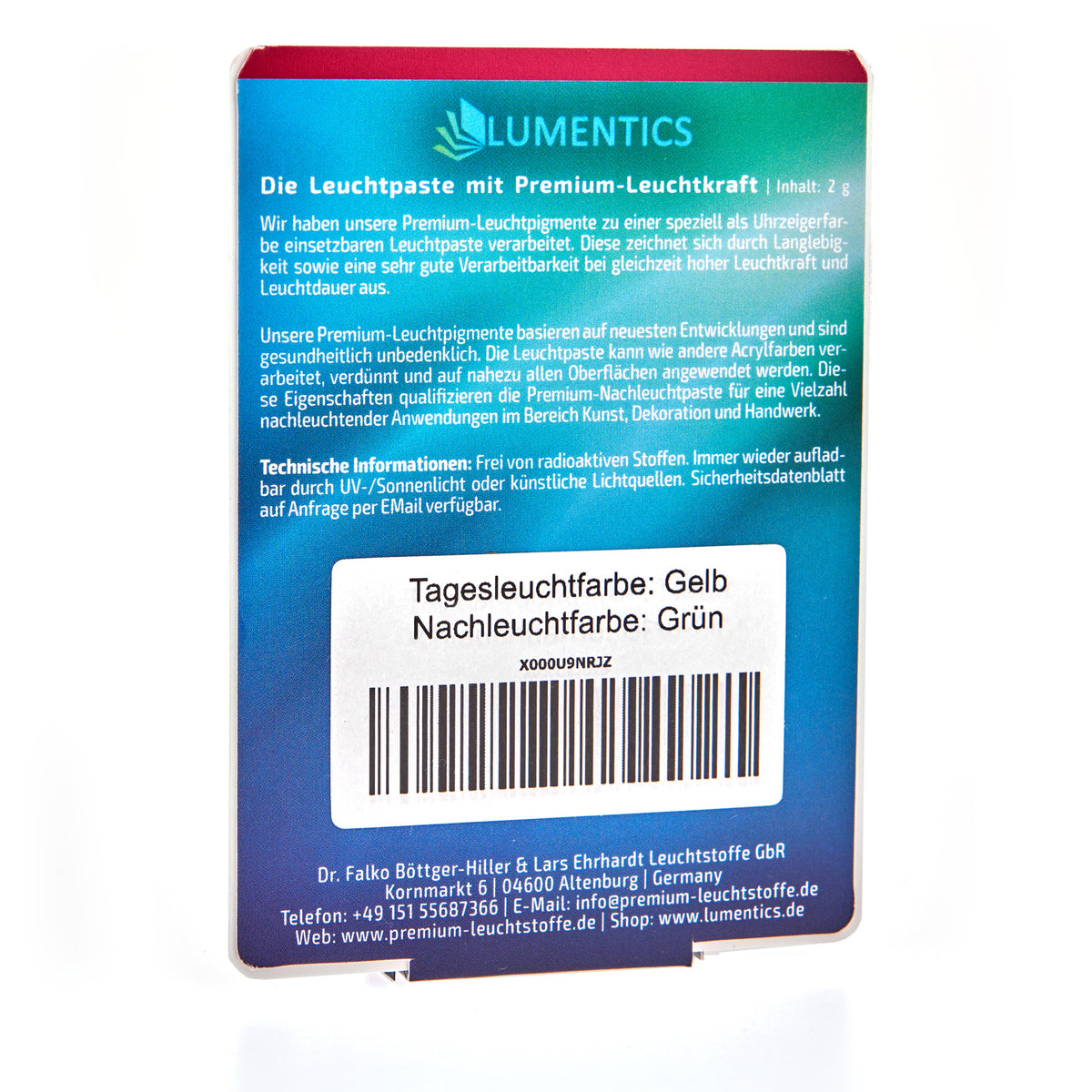 Luminous Paint for Watch Hands Yellow-Green 2 g: back of the card with product text and label, daylight colour yellow, glow colour green