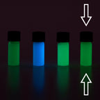 Glow paste colour variants: four vials in the dark, arrows marking the one glowing green