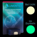 Luminous Paint for Watch Hands Yellow-Green 2 g: card with tub, colour dots at right in light (yellowish) and in the dark (green)