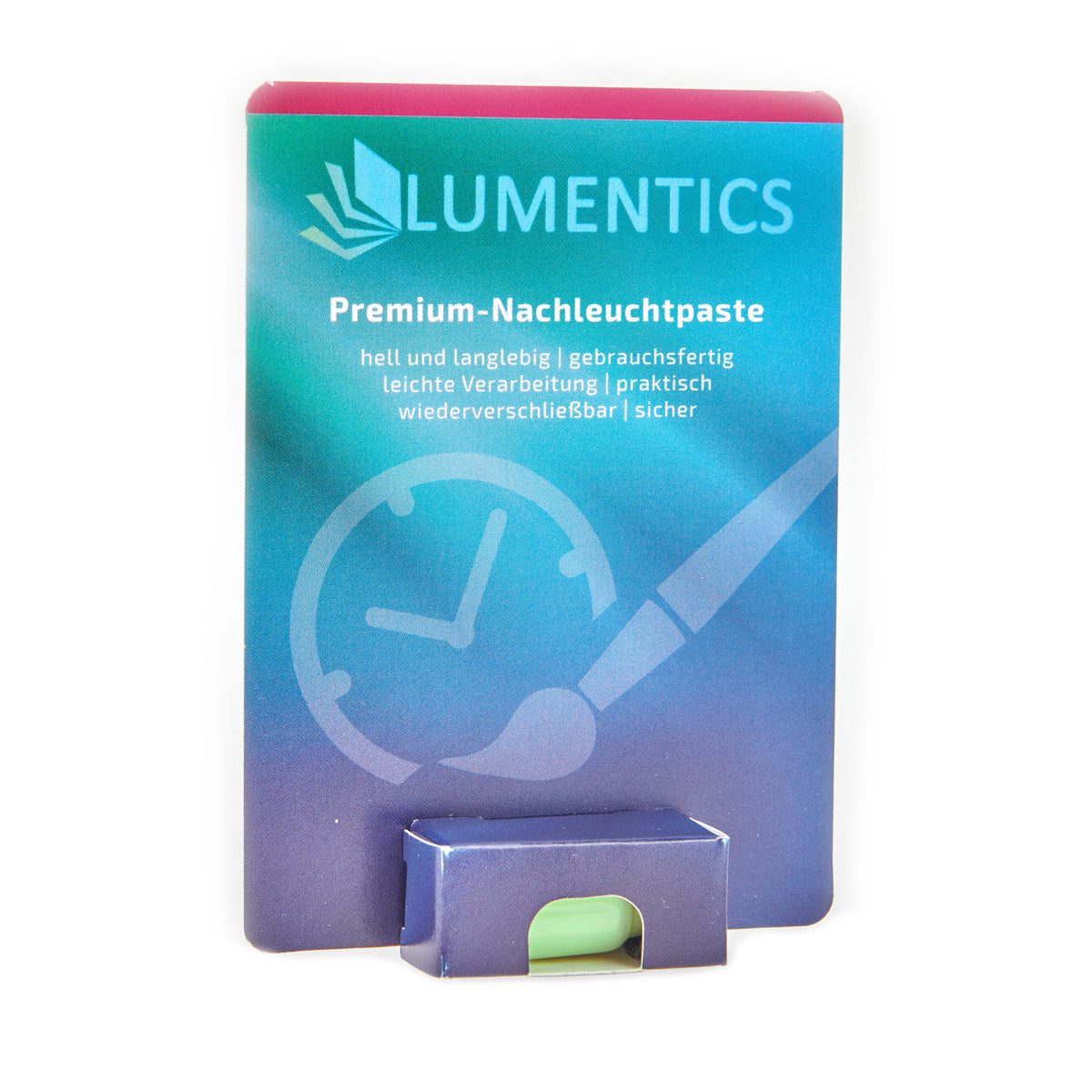Luminous Paint for Watch Hands Green-Green 2 g: card with glow paste in its packaging in daylight