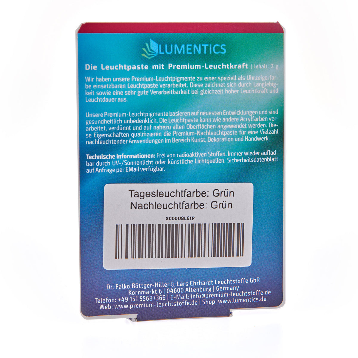 Luminous Paint for Watch Hands Green-Green 2 g: back of the card with product text, barcode and daylight and glow colour green
