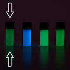 Glow paste: four small vials in the dark, glowing green, blue, light green and green