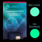 Luminous Paint for Watch Hands Green-Green 2 g: card with glow paste, beside colour circles for light and darkness