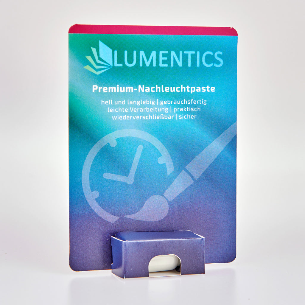 Luminous Paint for Watch Hands Natural Blue-Green 2 g: sales card with holder in daylight