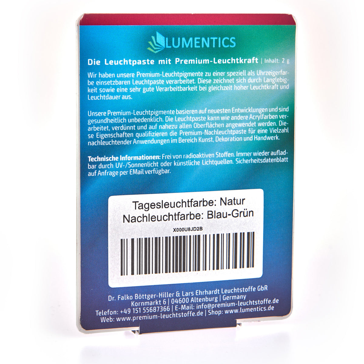 Luminous Paint for Watch Hands Natural Blue-Green 2 g: back of the card with text, barcode, daylight colour Natural, glow colour Blue-Green