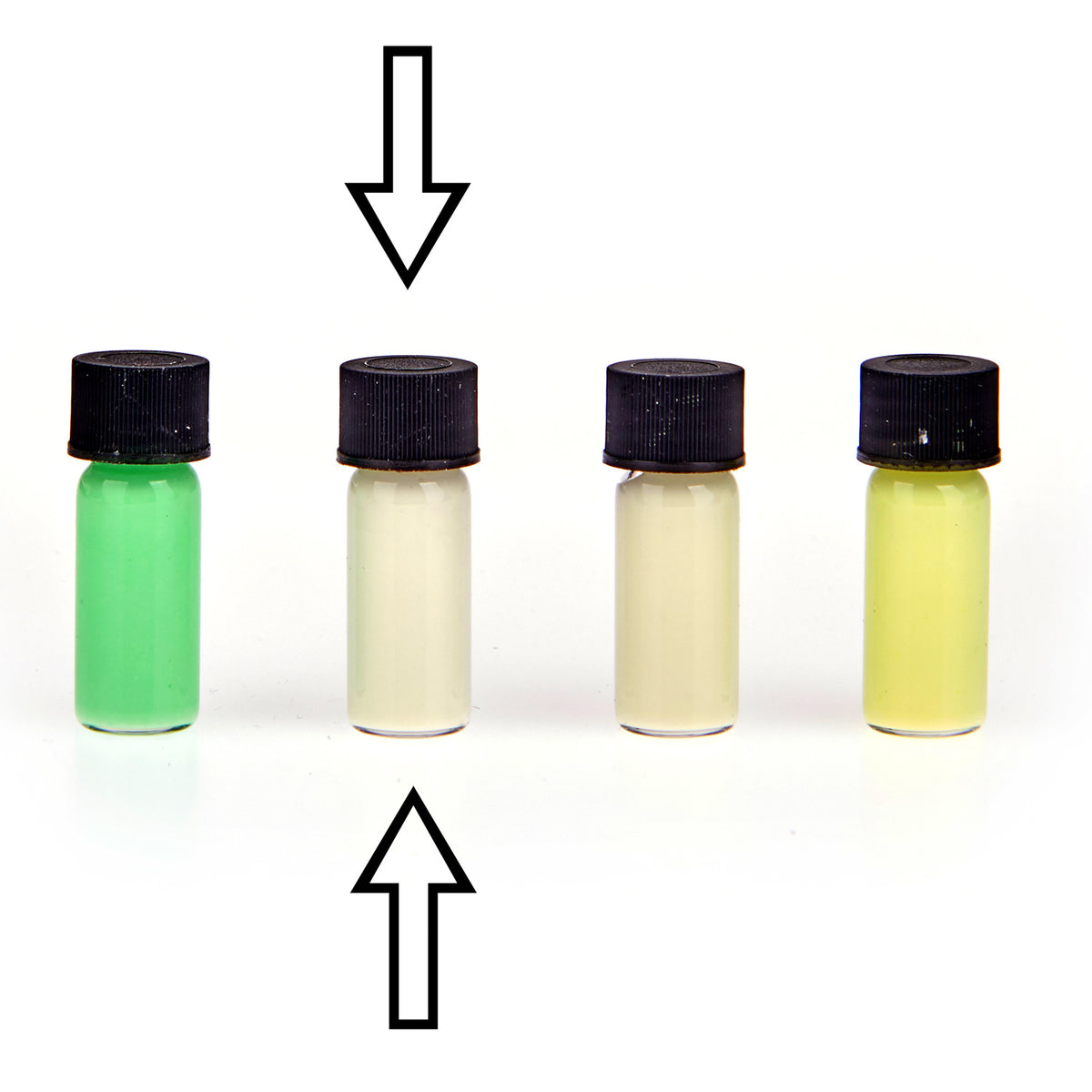 Luminous Paint for Watch Hands Natural Blue-Green 2 g: four vials in daylight, the second with pale contents marked
