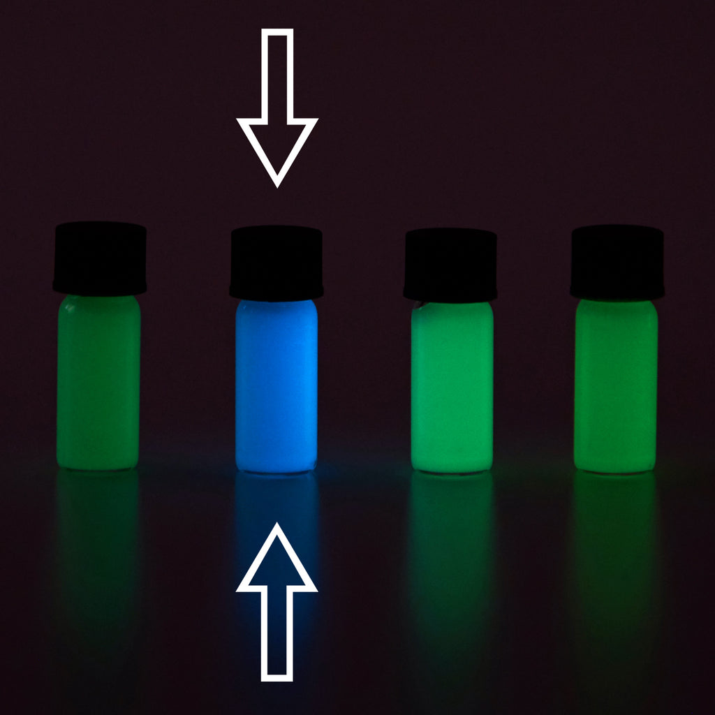 Luminous Paint for Watch Hands Natural Blue-Green 2 g: four vials in the dark from green to blue, the second marked
