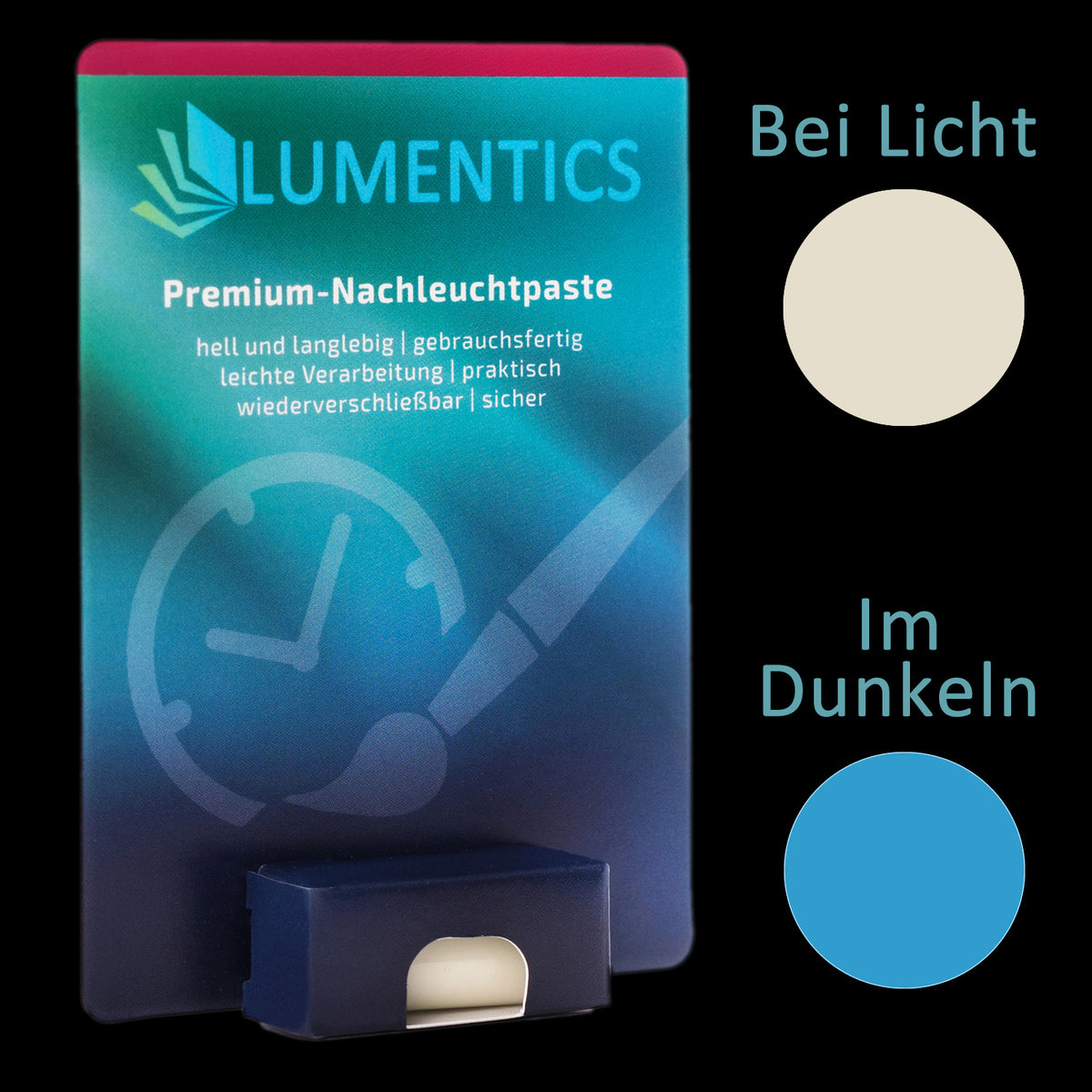 Luminous paint for watch hands Natural Blue 2 g on its card pack, with colour circles: beige in light, blue in the dark
