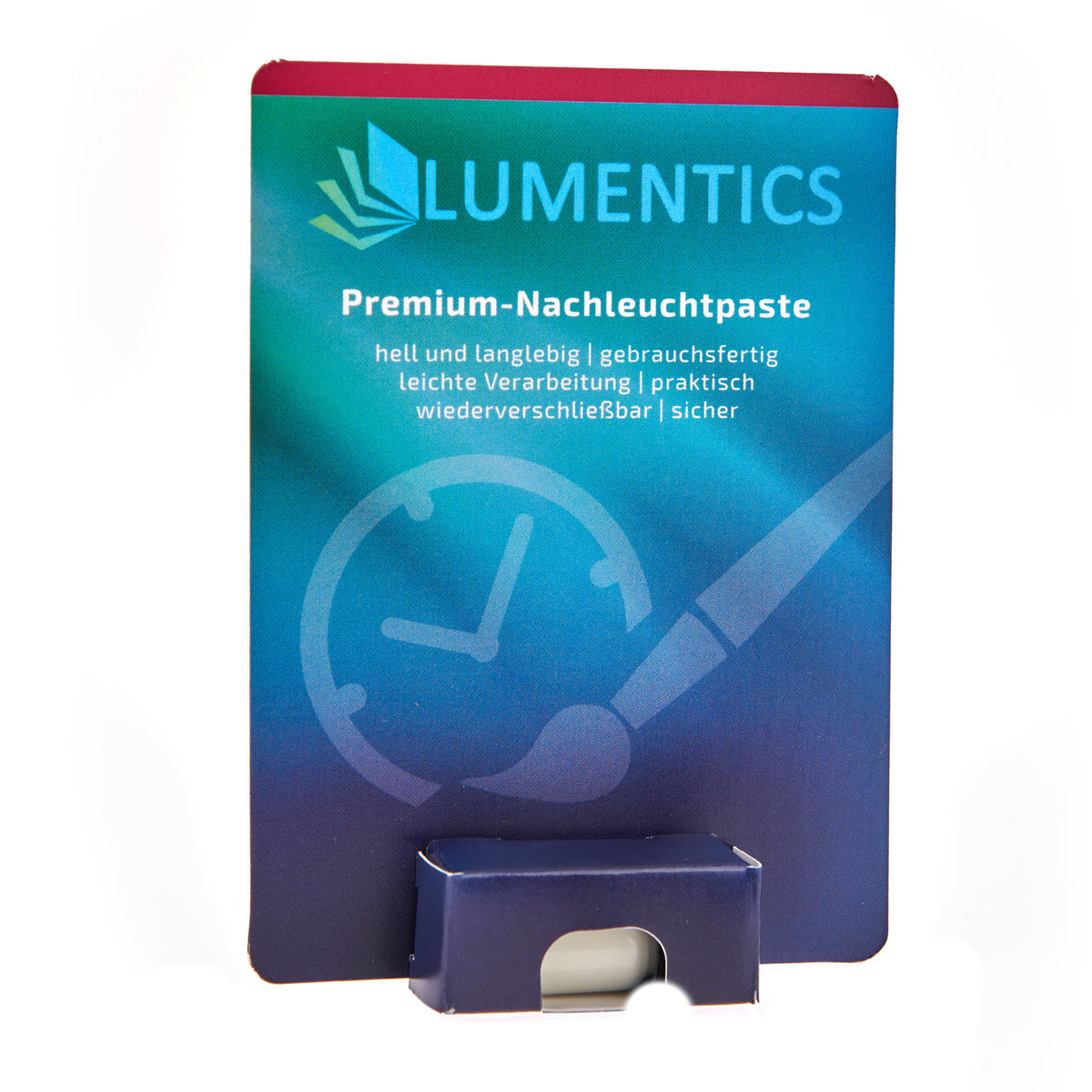 Luminous paint for watch hands Natural Green 2 g, front of the card pack in daylight with the compartment for the paste