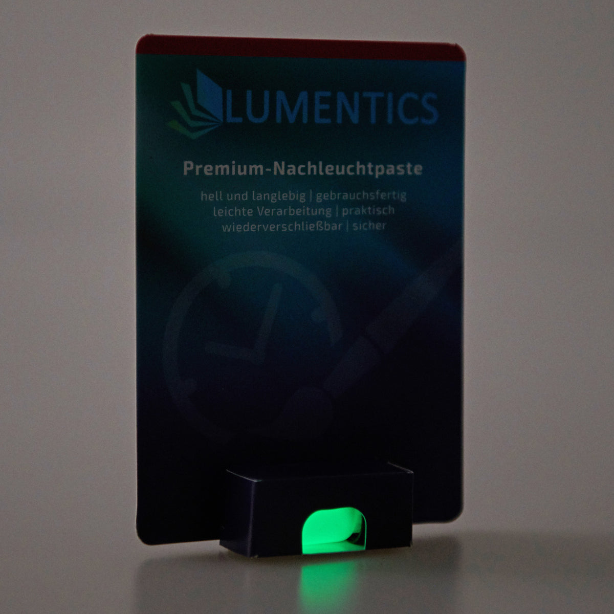 Luminous paint for watch hands Natural Green 2 g, card pack in the dark, the paste in its compartment glowing green