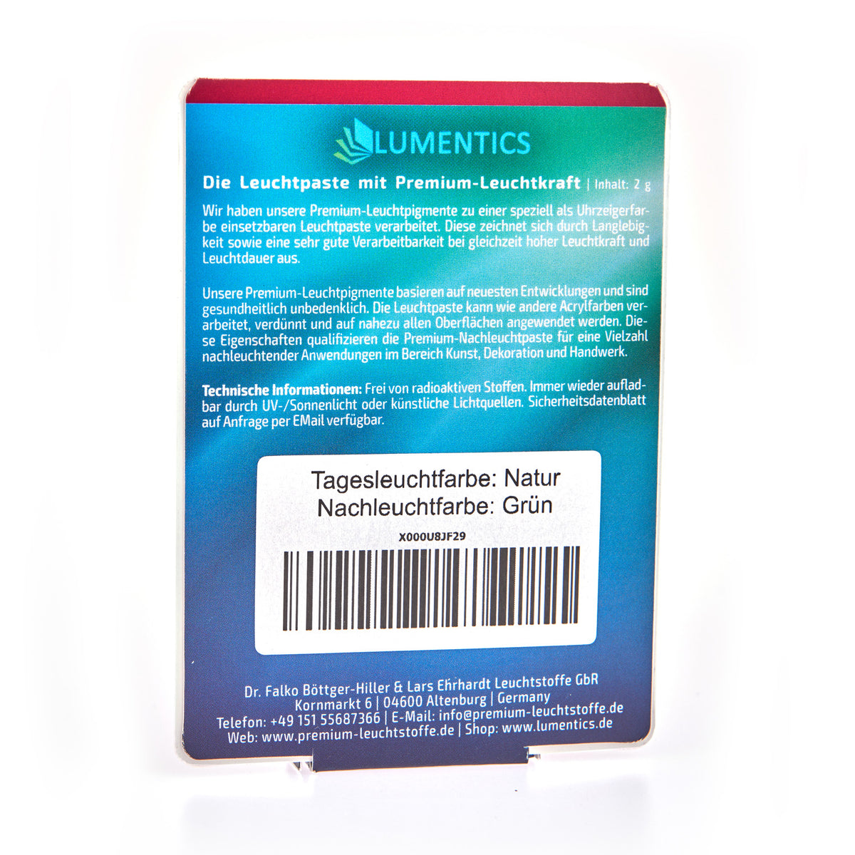 Back of the card pack for luminous paint for watch hands 2 g with product text, label Natural daylight colour, Green glow colour, barcode